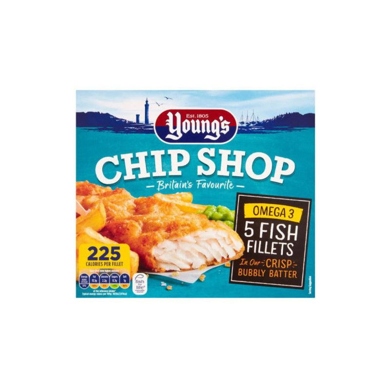 *CLEARANCE.         Youngs Chip Shop Battered Fish Fillets (5 / 500g)