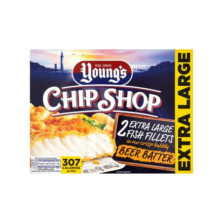 Youngs XL Chip Shop Extra Large Beer Battered Fish Fillets 2 X 150g Youngs XL Chip Shop Extra Large Beer Battered Fish Fillets 2 X 150g